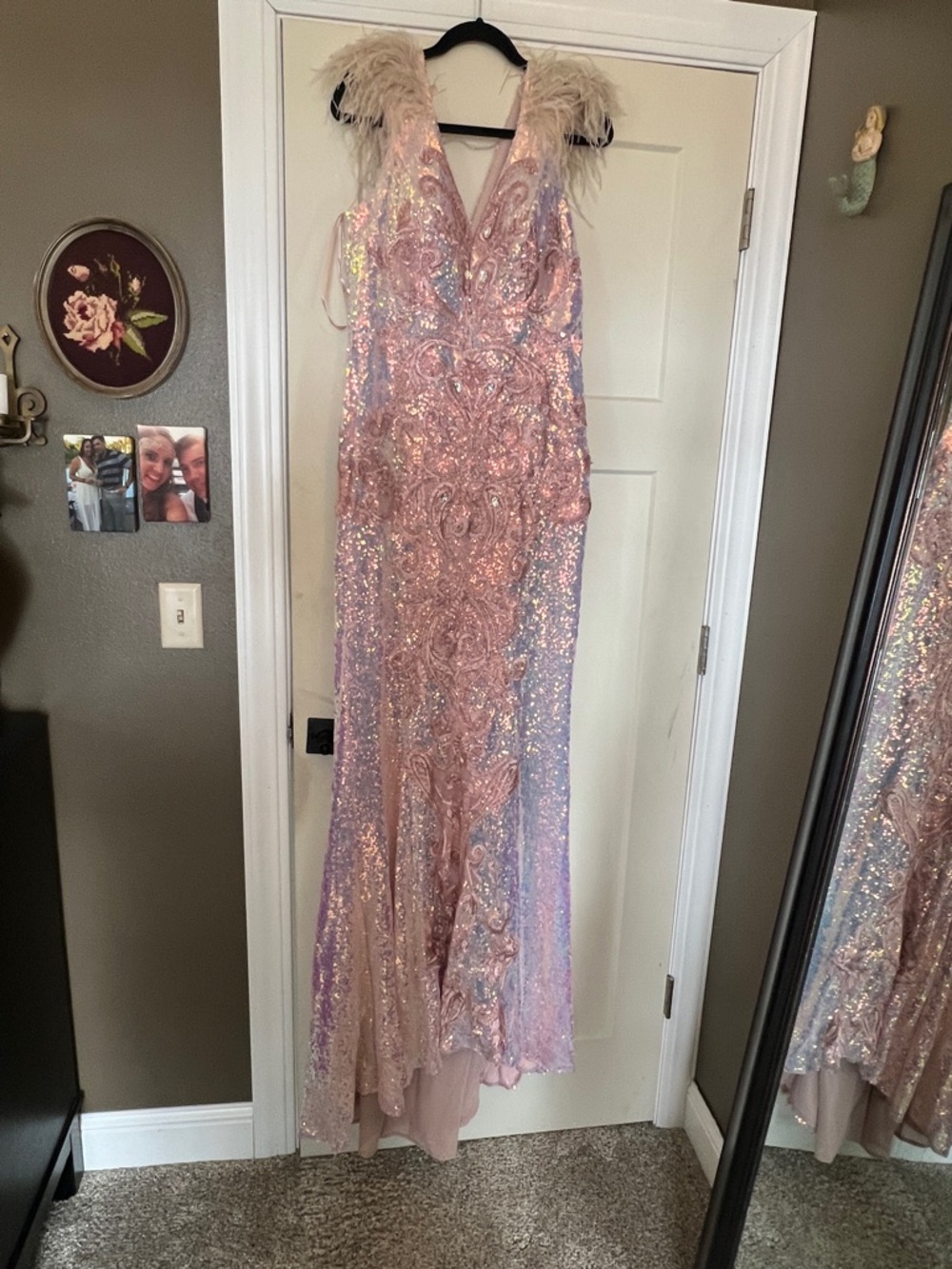 Portia & Scarlett Pink Blue Sequin Evening Gown with Feather Shoulders - Picture 4 of 16